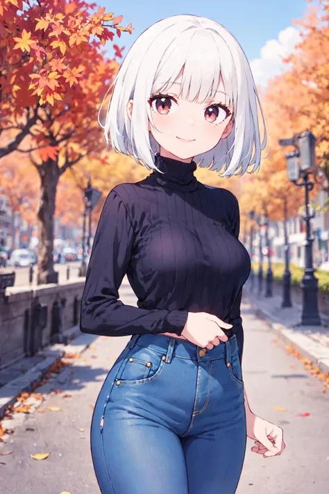 best quality, amazing intricate, cute girl, round eyes, medium breast, 
smile, white hair, showing indifference, in paris, 
looking at viewer, 
medium hair, bob cut, 
, 
, 
, 
, 
, 
, 
from front, 
cowboy shot, 
autumn, 
color splash turtleneck, fluo colors cropped jeans