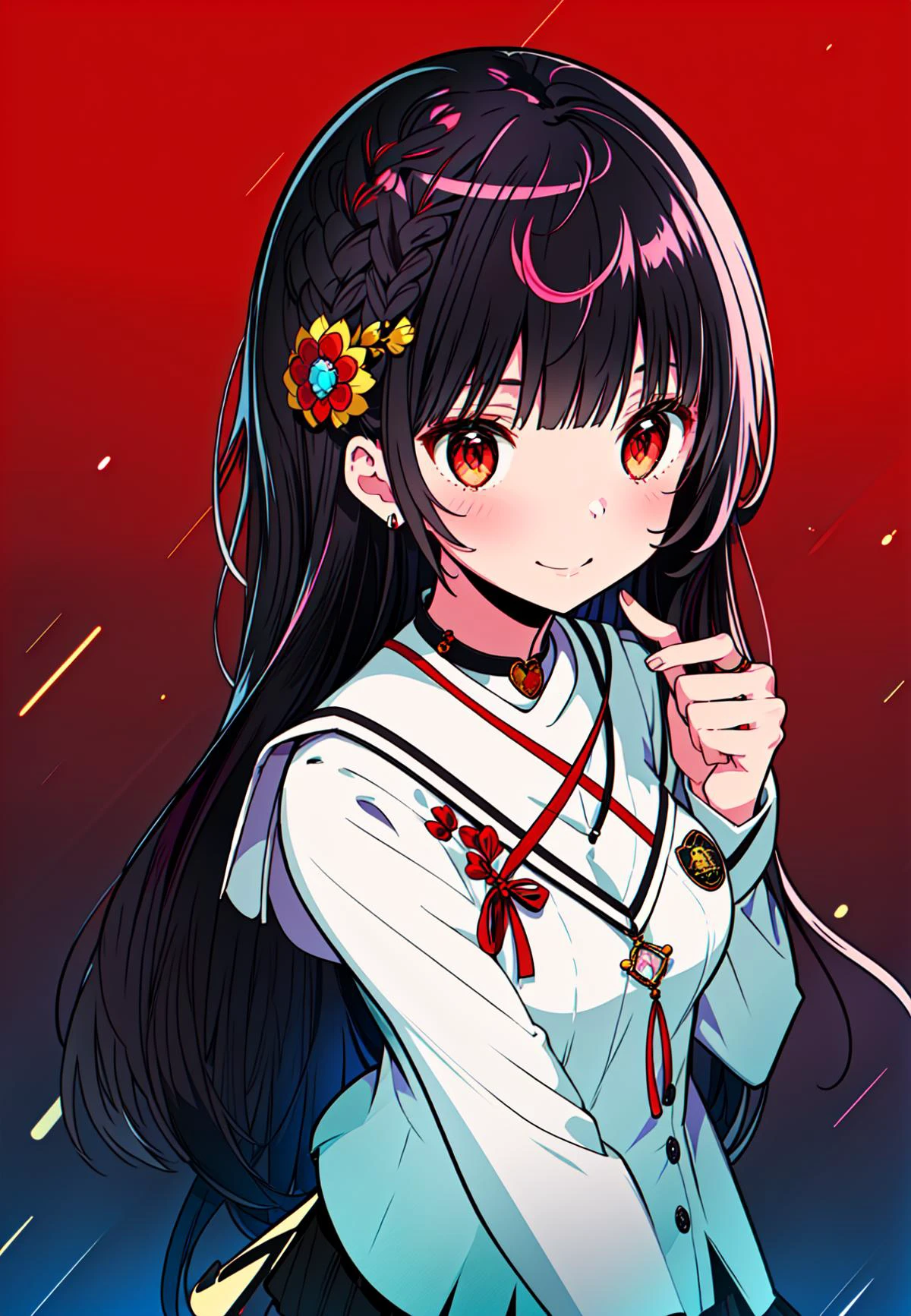 slightly smile,
1girl, solo, short height,
kiku, multicolored hair, looking at viewer, blunt bangs, red_eyes, gradient_colored_hair, ring necklace, black_hair, <lora:Anna_Kushina:0.8>,