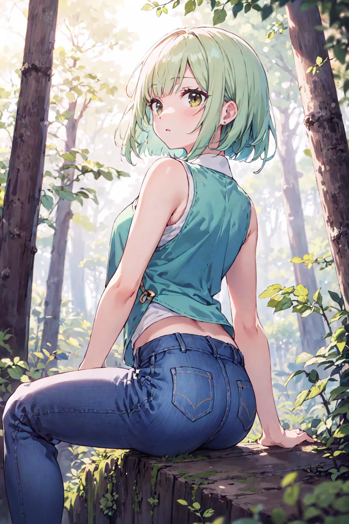 best quality, amazing intricate, cute girl, round eyes, medium breast,
Expressionless, light green hair, crossed legs, in a forest clearing,
(looking away:1.2),
medium hair, bob cut,
,
,
(hair flip:1.2),
,
,
,
turned away but looking back over her shoulder,
cowboy shot,
,
sepia vest, marbling pants rolled up