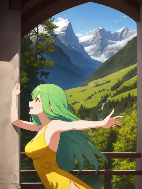 best quality, amazing intricate, cute girl, round eyes, medium breast,
happy, smile, light green hair, stretching, in the swiss alps,
(looking away:1.2),
long hair, dreadlocks,
,
,
,
,
,
,
from side,
cowboy shot,
yellow dress,
side slit,
,