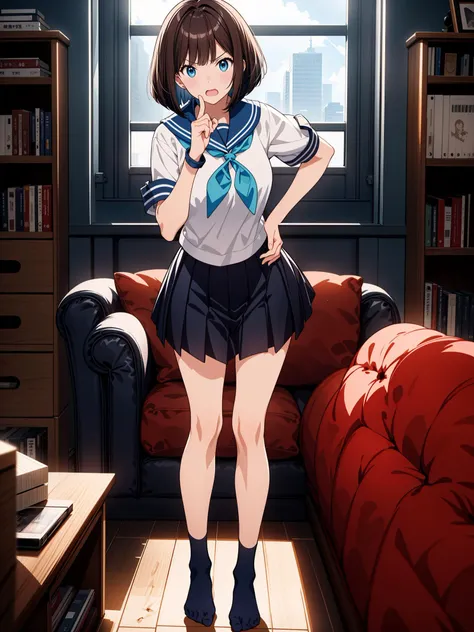 (masterpiece, best quality, highres, absurdres:1.3) (illustration:1.1), (anime, anime coloring:1.2), (art by kantoku:1.2), (toned:1.1), perfect shadow, white socks, (no shoes), (choker:-1.2)
BREAK
1girl, (solo:1.8), index finger raised, hand on hip,  head tilt, full body, leaning forward,  medium breasts, intricate (dark brown hair:1.2), blue eyes, (bob cut:1.5), (left swept bangs:1.15), futuristic black bracelet on right wrist,  (annoyed, scolding:1.4), (open mouth:1.4)
BREAK
 (white sailor shirt:1.2), (dark blue pleated skirt:1.2), (dark blue sailor collar:1.2), (light blue neckerchief:1.25), short sleeves, detailed ultra photorealistic living room, couch, TV, window, bookshelf, Tokyo, Japan, (afternoon:1.2), (indoors:1.2), sidelighting, dynamic angle, <lora:shadowfix3:0.5><lora:hyperdetailer_v095:0.5>,