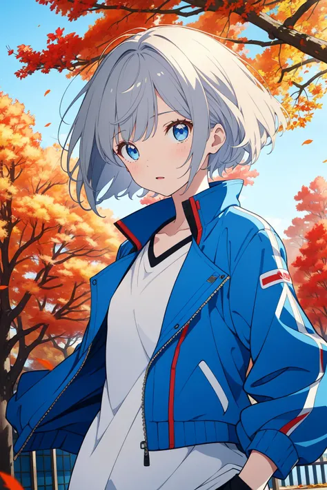 masterpiece, best quality, highres, 1girl, petite, grey hair, short hair, floating hair, blue eyes, jacket, open jacket, white shirt, outdoors, autumn, leaves, wind