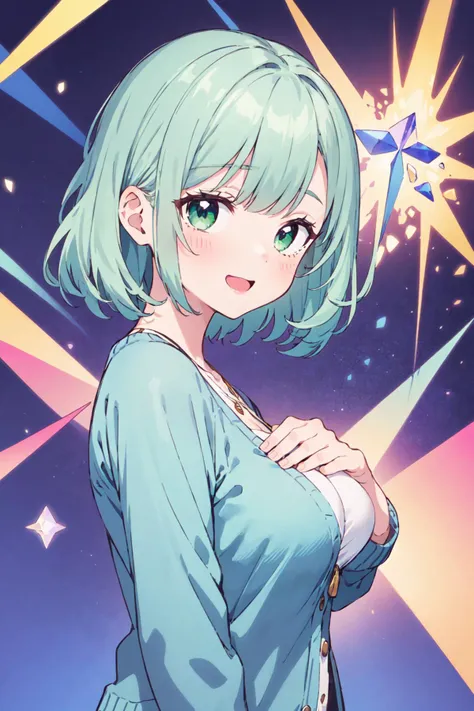 best quality, amazing intricate, cute girl, round eyes, medium breast,
happy, green hair, fetal position, in a crystal maze,
looking at viewer,
medium hair, flipped hair,
,
,
,
,
,
hair slicked back,
from front,
upper body,
,
marbling cardigan, kaleidoscopic buruma