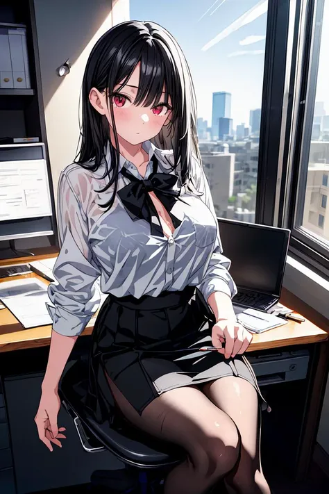 (masterpiece, best quality), a young black haired girl office secretary dressed in a transparent white blouse and black office skirt and black pantyhose ,sitting in an office chair, holding pencil, (detailed skin:1.3),(detailed eyes), (sharp focus), <lora:add_detail:1>