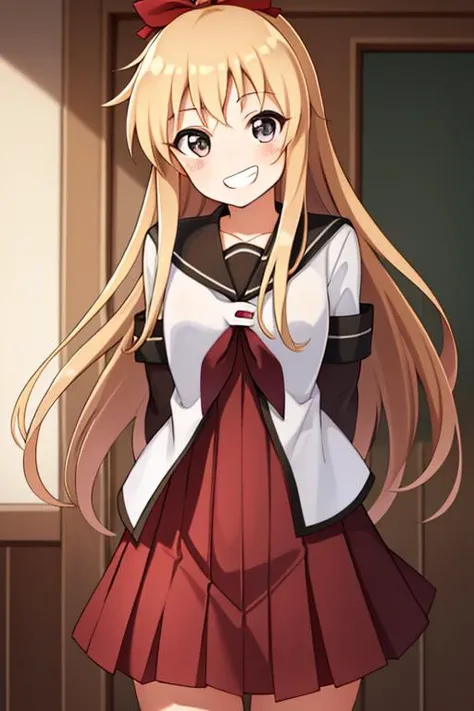 (best quality:1.2), masterpiece, ultra high resolution, (hard light:0.5), depth of field, 1girl, <lora:toshino_kyouko:0.6>, long hair, red ribbon, grin, looking at viewer, nanamori school uniform,