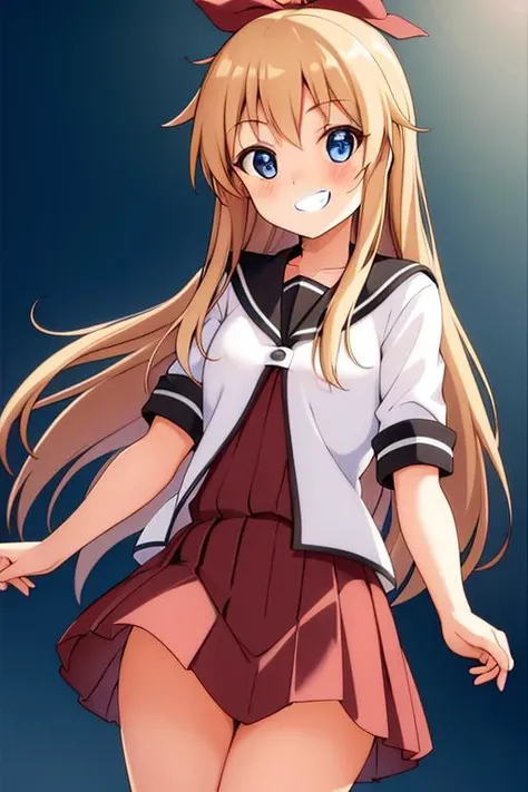 (best quality:1.2), masterpiece, ultra high resolution, (hard light:0.5), depth of field, 1girl, <lora:toshino_kyouko:0.6>, blue eyes, long hair, red ribbon, grin, looking at viewer, nanamori school uniform, nude,