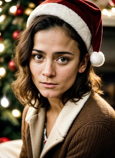 RAW photo of 20 years old alicebraga-ti, natural lighting, 8k uhd, dslr, high quality, film grain, Fujifilm XT3, <lora:add_detail:0.7>, by Dorothea Lange, christmas theme, young