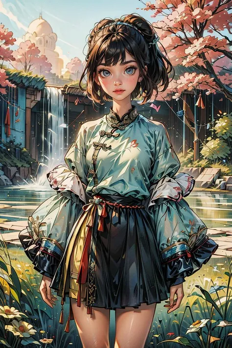 Chinese painting, flowers, butterflies, grass, dawn, lake, waterfall, trees, <lora:Yanxi_v1:0.8>,yanxi,1girl, solo,jewelry and necklace, happy, grinning, (blush|cute and playful|cute|skinny|thick bangs|beauty|double ponytail| short hair | bun,),(super high resolution, realistic, realistic, best quality, realistic), (high detail skin, visible pores), (real person, photo ), realistic,, (8k, raw photo, best quality, masterpiece), photon mapping, radiosity, physically based rendering, auto white balance, watery eyes, (looking at viewer), (iris and pupil are round, the pupils reflect the surroundings, and the eyes vary in size) ,<lora:add_detail:0.4>,