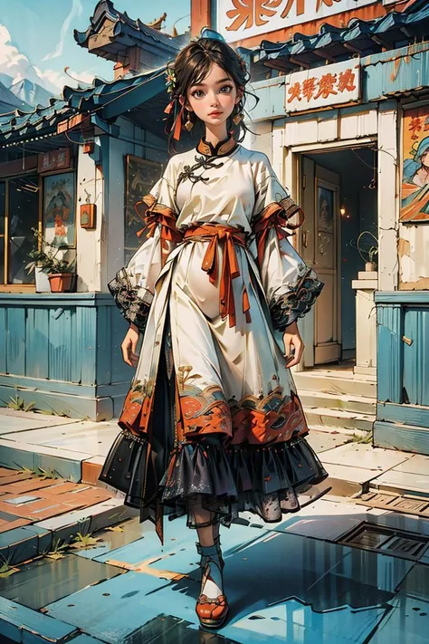 <lora:Yanxi_v1:0.8>,yanxi,1girl, solo, (RAW photo, best quality), (realistic, photo-realistic:1.3), extremely delicate and beautiful, full body, Amazing, finely detail, masterpiece, ultra-detailed, highres,(best shadow),intricate,stunning skin details, Chinese classical architecture as the background,fine art photography, romantic depictions of historical events, exquisite clothing detail, sharp focus, 8k UHD, DSLR, high quality, (film grain:1.4), Fujifilm XT3, (blue and orange tone impression),