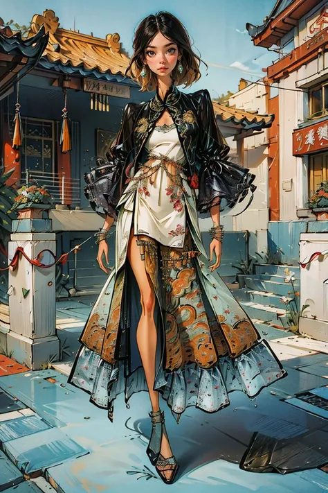 <lora:Yanxi_v1:0.8>,yanxi,1girl, solo, (RAW photo, best quality), (realistic, photo-realistic:1.3), extremely delicate and beautiful, Amazing, finely detail, masterpiece, ultra-detailed, highres,(best shadow),intricate,stunning skin details, Chinese classical architecture as the background,fine art photography, romantic depictions of historical events, exquisite clothing detail, sharp focus, 8k UHD, DSLR, high quality, (film grain:1.4), Fujifilm XT3, (blue and orange tone impression), <lora:anumtariq-04:0.85>