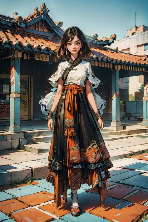 <lora:Yanxi_v1:0.8>,yanxi,1girl, solo, (RAW photo, best quality), (realistic, photo-realistic:1.3), extremely delicate and beautiful, full body, Amazing, finely detail, masterpiece, ultra-detailed, highres,(best shadow),intricate,stunning skin details, Chinese classical architecture as the background,fine art photography, romantic depictions of historical events, exquisite clothing detail, sharp focus, 8k UHD, DSLR, high quality, (film grain:1.4), Fujifilm XT3, (blue and orange tone impression),