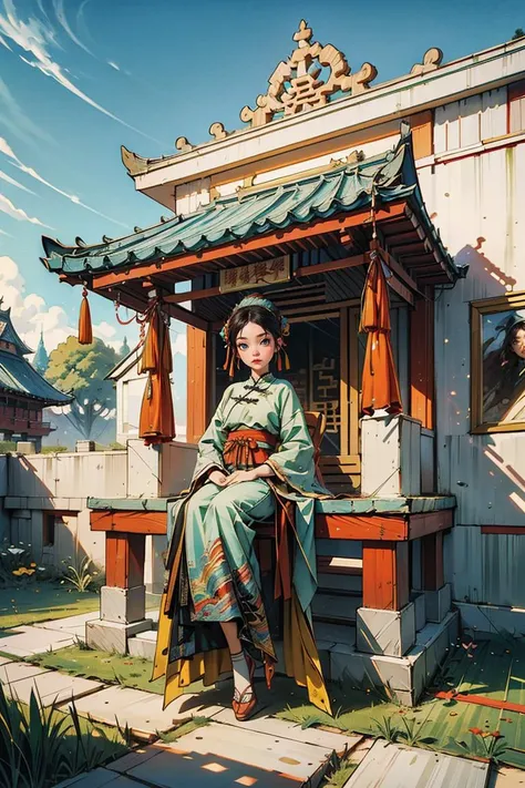 masterpiece, <lora:Yanxi_v1:0.6>,yanxi,chinese clothes,Masterpiece: 1.2, best quality,Ancient Chinese architecture, palace,(castle:1.4), 1girl, solo, sitting, chinese clothes,
hair bun, dress, black hair, long sleeves, green dress, hands on lap, chair, architecture,a small wooden toy,\(\(intricate details\)\),colorful details,iridescent colors BREAK,\(\(masterpiece best quality\)\),4k,ultra detailed,detailed lighting,\(\(inspired by Hayao Miyazaki\)\),official art,promotional art,composition,