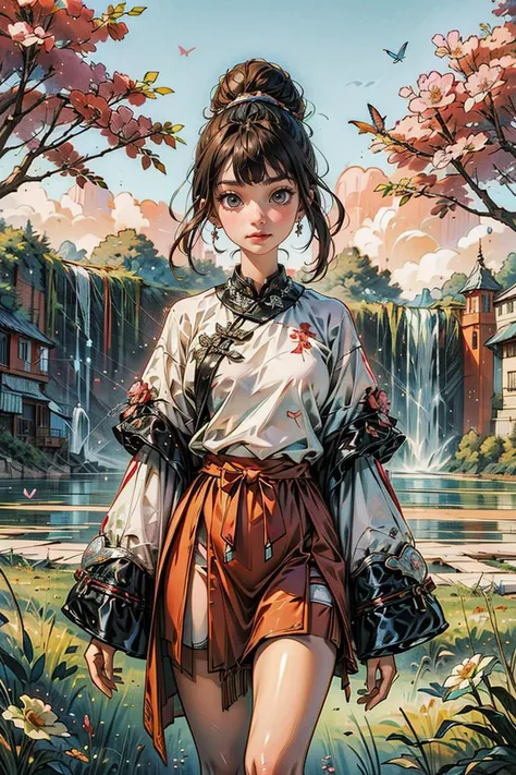 Chinese painting, flowers, butterflies, grass, dawn, lake, waterfall, trees, <lora:Yanxi_v1:0.8>,yanxi,1girl, solo,jewelry and necklace, happy, grinning, (blush|cute and playful|cute|skinny|thick bangs|beauty|double ponytail| short hair | bun,),(super high resolution, realistic, realistic, best quality, realistic), (high detail skin, visible pores), (real person, photo ), realistic,, (8k, raw photo, best quality, masterpiece), photon mapping, radiosity, physically based rendering, auto white balance, watery eyes, (looking at viewer), (iris and pupil are round, the pupils reflect the surroundings, and the eyes vary in size) ,<lora:add_detail:0.4>,