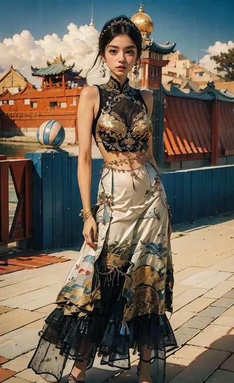 <lora:Yanxi_v1:0.8>,yanxi,1girl, solo, jewelry, black hair, earrings, bracelet, east asian architecture, hair bun, architecture, single hair bun, midriff, looking at viewer, sandals, day, cloud, outdoors, sky, lips, realistic, sleeveless, standing, long skirt, full body