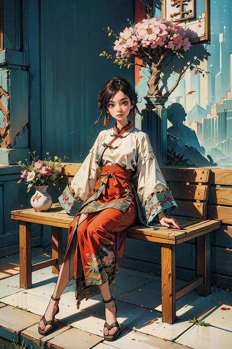 masterpiece,  <lora:Yanxi_v1:0.6>,yanxi,chinese clothes,1girl,solo,best quality, masterpiece, photo realistic, intricate details, raw photo, photon rendering, octane render, absurdres, ultra detailed, detailed face, detailed skin, trending on artstation,8k masterpiece,cinematic lighting, 1girl, sitting, solo, red wall,
bench, architecture, chinese clothes, hands on lap, vase, dress, east asian architecture, black hair, long sleeves, tree, flower, looking at viewer, indoors,daqingchao, solo, long sleeves, floral print, traditional media