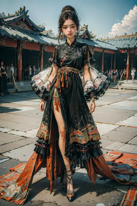 <lora:Yanxi_v1:0.8>,yanxi,1girl, solo, (RAW photo, best quality), (realistic, photo-realistic:1.3), extremely delicate and beautiful, full body, Amazing, finely detail, masterpiece, ultra-detailed, highres,(best shadow),intricate,stunning skin details, Chinese classical architecture as the background,fine art photography, romantic depictions of historical events, exquisite clothing detail, sharp focus, 8k UHD, DSLR, high quality, (film grain:1.4), Fujifilm XT3, (blue and orange tone impression),