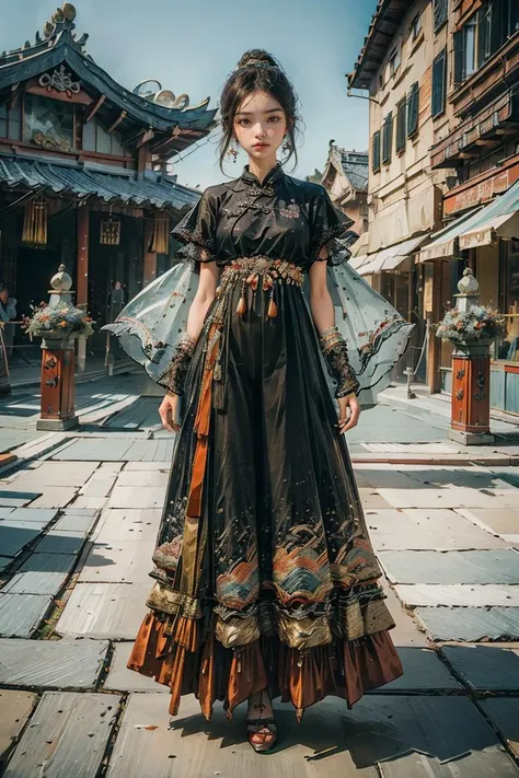 <lora:Yanxi_v1:0.8>,yanxi,1girl, solo, (RAW photo, best quality), (realistic, photo-realistic:1.3), extremely delicate and beautiful, full body, Amazing, finely detail, masterpiece, ultra-detailed, highres,(best shadow),intricate,stunning skin details, Chinese classical architecture as the background,fine art photography, romantic depictions of historical events, exquisite clothing detail, sharp focus, 8k UHD, DSLR, high quality, (film grain:1.4), Fujifilm XT3, (blue and orange tone impression),