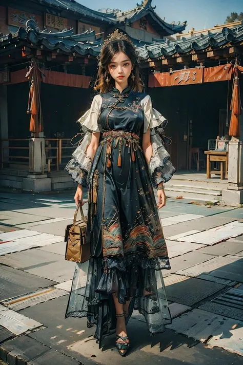 <lora:Yanxi_v1:0.8>,yanxi,1girl, solo, (RAW photo, best quality), (realistic, photo-realistic:1.3), extremely delicate and beautiful, full body, Amazing, finely detail, masterpiece, ultra-detailed, highres,(best shadow),intricate,stunning skin details, Chinese classical architecture as the background,fine art photography, romantic depictions of historical events, exquisite clothing detail, sharp focus, 8k UHD, DSLR, high quality, (film grain:1.4), Fujifilm XT3, (blue and orange tone impression),