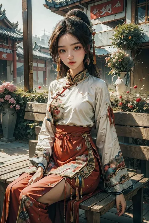 masterpiece, <lora:Yanxi_v1:0.6>,yanxi,chinese clothes,1girl, sitting, solo, red wall,bench, architecture, chinese clothes, hands on lap, vase, dress, east asian architecture, black hair, long sleeves, tree, flower, looking at viewer, indoors,daqingchao, solo, long sleeves, floral print, traditional media,best quality, masterpiece, photo realistic, intricate details, raw photo, photon rendering, octane render, absurdres, ultra detailed, detailed face, detailed skin, trending on artstation,8k masterpiece,cinematic lighting,
