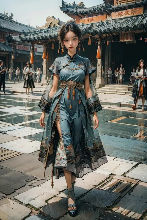 <lora:Yanxi_v1:0.8>,yanxi,1girl, solo, (RAW photo, best quality), (realistic, photo-realistic:1.3), extremely delicate and beautiful, full body, Amazing, finely detail, masterpiece, ultra-detailed, highres,(best shadow),intricate,stunning skin details, Chinese classical architecture as the background,fine art photography, romantic depictions of historical events, exquisite clothing detail, sharp focus, 8k UHD, DSLR, high quality, (film grain:1.4), Fujifilm XT3, (blue and orange tone impression),