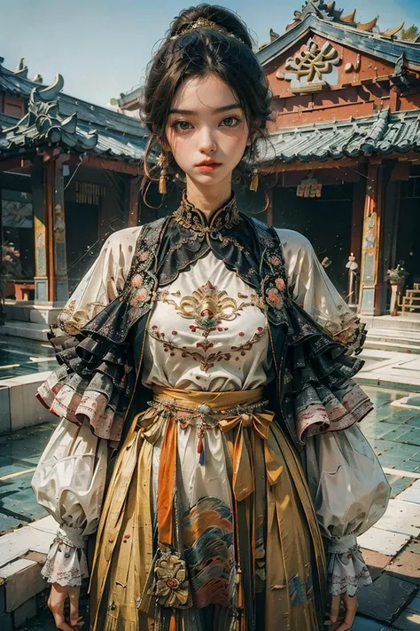 <lora:Yanxi_v1:0.8>,yanxi,1girl, solo, (RAW photo, best quality), (realistic, photo-realistic:1.3), extremely delicate and beautiful, golden composition,Amazing, finely detail, masterpiece, ultra-detailed, highres,(best shadow),intricate,stunning skin details, Chinese classical architecture as the background,fine art photography, romantic depictions of historical events, exquisite clothing detail, sharp focus, 8k UHD, DSLR, high quality, (film grain:1.4), Fujifilm XT3, (blue and orange tone impression),
