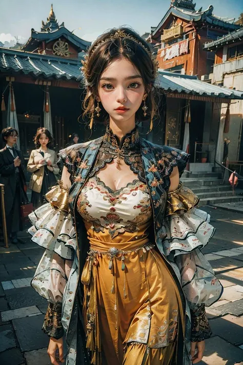 <lora:Yanxi_v1:0.8>,yanxi,1girl, solo, (RAW photo, best quality), (realistic, photo-realistic:1.3), extremely delicate and beautiful, golden composition,Amazing, finely detail, masterpiece, ultra-detailed, highres,(best shadow),intricate,stunning skin details, Chinese classical architecture as the background,fine art photography, romantic depictions of historical events, exquisite clothing detail, sharp focus, 8k UHD, DSLR, high quality, (film grain:1.4), Fujifilm XT3, (blue and orange tone impression),
