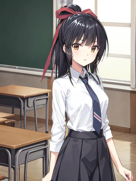 masterpiece, best quality,
<lora:divinemikokoyori.sd15.v1-000008:0.7> 
1girl,solo,divinemikokoyori,
standing,
school uniform, white shirt, collared shirt, 
black skirt,
blue necktie,
indoors, classroom,