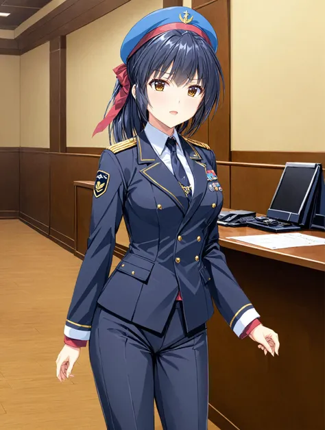 masterpiece, best quality,
<lora:divinemikokoyori.sdxl.v1-000009:0.9>
divinemikokoyori, 
1girl, solo,
military uniform, necktie, blue beret, blue uniform,
pants,