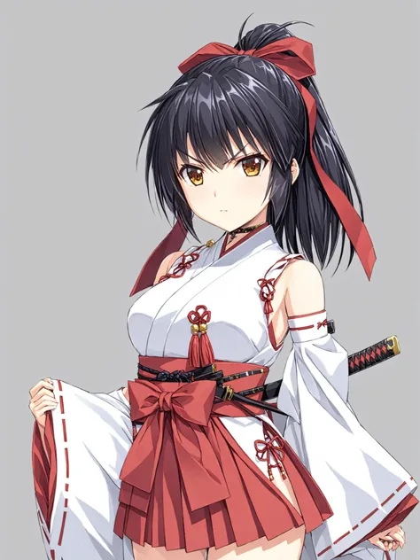 masterpiece, best quality,
<lora:divinemikokoyori.sdxl.v1-000009:0.9>
divinemikokoyori
1girl,solo,
cowboy shot,
simple background,
arms behind back, miko,
stern look, serious,
sword,katana, scabbard,