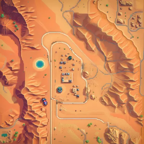 <lora:drone_photo_v1.0_XL:1> (top-down video Game:1.1), a racetrack on Desert alien landscape covered in vast, arid deserts, a landscape dominated by towering sand dunes, rocky outcrops, and intense heat, (8-bit Color Palette, Pixel Texture, Pixel Art Style:1.4), highly detailed, two tone lighting, vibrant colors <lora:pixel-art-xl-v1.1:0.6>