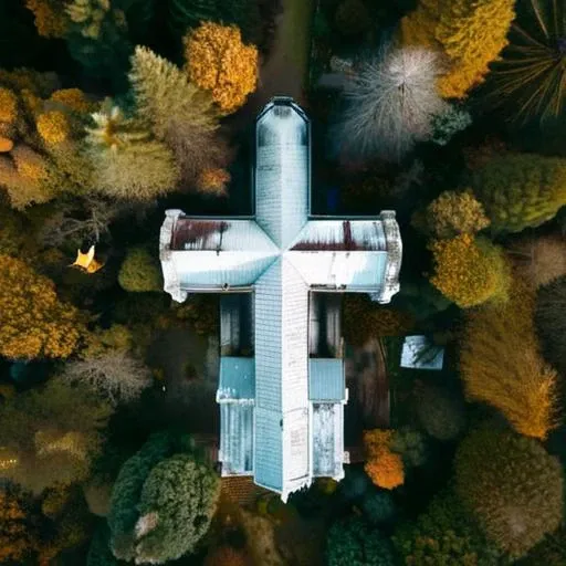 <lora:drone_photo_v1.0_XL:0.8>cinematic aerial still of an old, spooky church in the forest, abandoned, lonely, post war, depressing feel