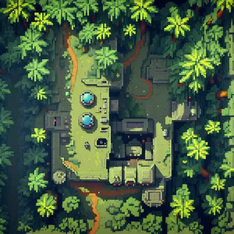 <lora:drone_photo_v1.0_XL:1> (top-down video Game:1.1), a futuristic military base on Forest alien landscape covered in dense, lush forests and towering trees reach towards the sky, forming a canopy that blocks out much of the sunlight, (8-bit Color Palette, Pixel Texture, Pixel Art Style:1.4), highly detailed, two tone lighting, vibrant colors <lora:pixel-art-xl-v1.1:0.6>