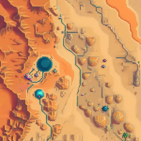 <lora:drone_photo_v1.0_XL:1> (top-down video Game:1.1), weird geometric and metallic alien structures on Desert alien landscape covered in vast, arid deserts, a landscape dominated by towering sand dunes, rocky outcrops, and intense heat, (8-bit Color Palette, Pixel Texture, Pixel Art Style:1.4), highly detailed, two tone lighting, vibrant colors <lora:pixel-art-xl-v1.1:0.6>