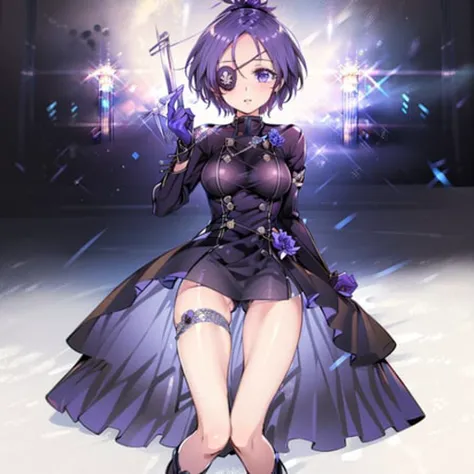 ((mature female, masterpiece, mistress, goddess)),((masterpiece: 1.2)),ultra-detailed, ultra high res, high quality, 4K, solo, 1girl,extreamly delicate and beautiful,illustration,masterpiece,(illustration),(highres),short hair,eyepatch,purple eyes,purple hair,fullbody,weapon