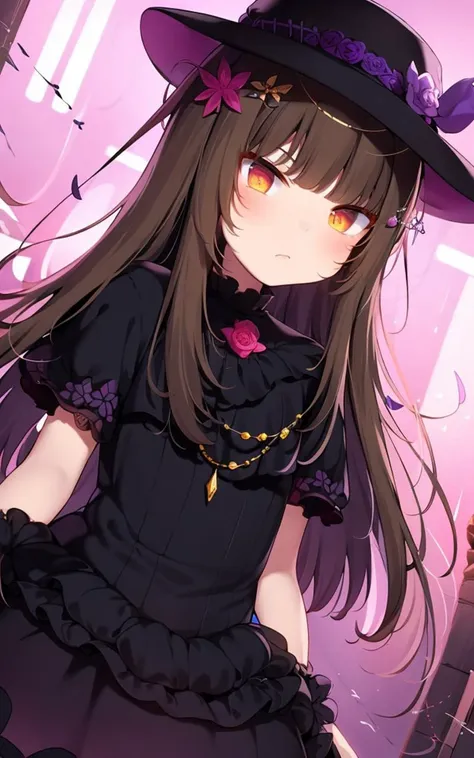 dutch angle, big diamond, 1girl, looking at viewer, menacing look, pikkyherta, 1girl, long hair, purple (glowing:1.2) eyes, solo, hat, dress, bangs, looking at viewer, flower, doll joints, brown hair, hair ornament, black headwear, hair flower, chains, frills, , <lora:çåãªã¤ã_lion-000010:1>