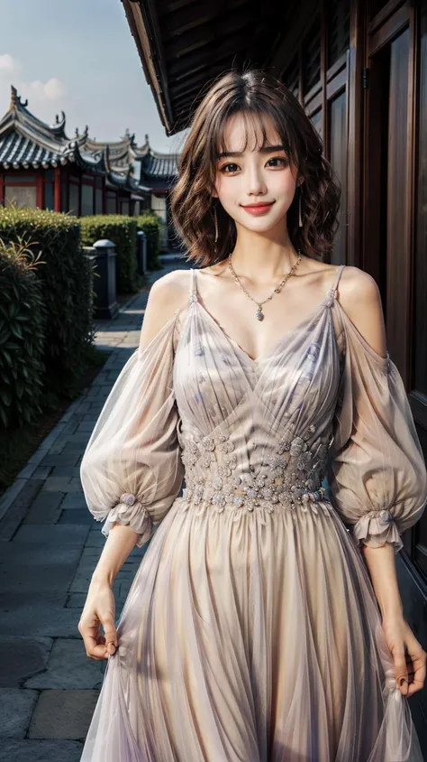 (best quality),[masterpiece],((beautiful:0.75) cute girl:0.75),[clear and clean] pixiv (illustration),short hair,knees up,necklace,jewelry,standing,looking at viewer,front lens,ancient Chinese town,ancient Chinese building,dusk,sunshine,chinese garden,flowers, close-up, 
<lora:add_detail:0.8>,
<lora:evening dress S6:0.75> dress