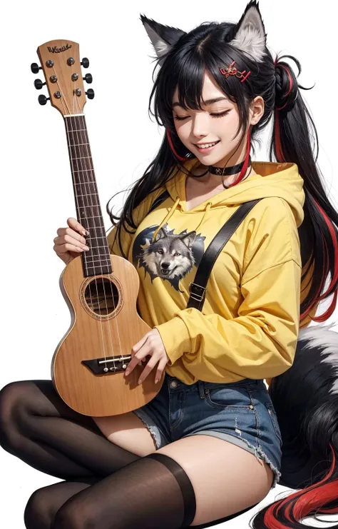 animal_ear_fluff, animal_ears, bangs, bell, black_hair, choker, closed_eyes, double_bun, drawstring, eyebrows_visible_through_hair, flipped_hair, hair_between_eyes, hair_ornament, hairclip, horns, instrument, jingle_bell, long_hair, low-tied_long_hair, multicolored_hair, musical_note, oni, open_mouth, pantyhose, paw_print, paw_print_pattern, red_hair, short_shorts, shorts, sidelocks, smile, streaked_hair, tail, tail_around_leg, tail_wrap, teeth, two-tone_hoodie, ukulele, upper_teeth, very_long_hair, virtual_youtuber, white_background, wolf_ears, wolf_girl, wolf_tail, yellow_eyes