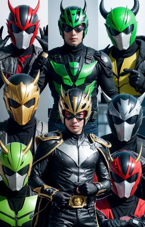 1girl, 6+boys, belt, cape, claws, commentary_request, gun, highres, horns, kamen_rider, kamen_rider_femme, kamen_rider_gai, kamen_rider_imperer, kamen_rider_knight, kamen_rider_odin, kamen_rider_ouja, kamen_rider_raia, kamen_rider_ryuga, kamen_rider_ryuki, kamen_rider_ryuki_(series), kamen_rider_scissors, kamen_rider_tiger, kamen_rider_verde, kamen_rider_zolda, maru_(maru1105), mask, multiple_boys, shield, single_horn, staff, sword, weapon, whip