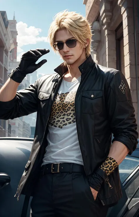 1055, 1boy, adjusting_eyewear, animal_print, blonde_hair, commentary_request, final_fantasy, final_fantasy_xv, glasses, gloves, highres, ignis_scientia, leopard_print, male_focus, solo