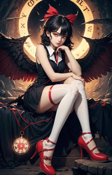 1girl, ash_(pixiv53802), asymmetrical_wings, bad_id, bad_pixiv_id, black_hair, houjuu_nue, legs, magic_circle, mary_janes, red_eyes, shoes, solo, thighhighs, touhou, wings