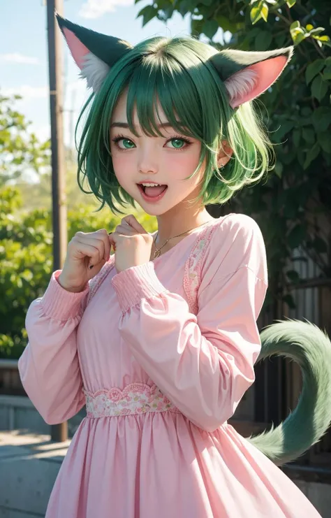 1girl, ^^^, animal_ears, blush, dog_ears, dog_tail, dress, fang, green_eyes, green_hair, long_sleeves, looking_at_viewer, open_mouth, pink_dress, short_hair, solo, sweat, tail, upper_body