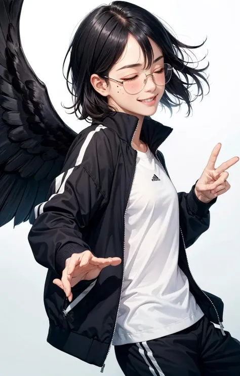 1girl, black_hair, blush, closed_eyes, closed_mouth, commentary_request, drawn_wings, from_side, haikyuu!!, happy_birthday, jacket, laugh_111, medium_hair, mole, mole_under_mouth, no_eyewear, open_clothes, open_jacket, outstretched_arm, shimizu_kiyoko, shirt, smile, solo, track_jacket, white_shirt