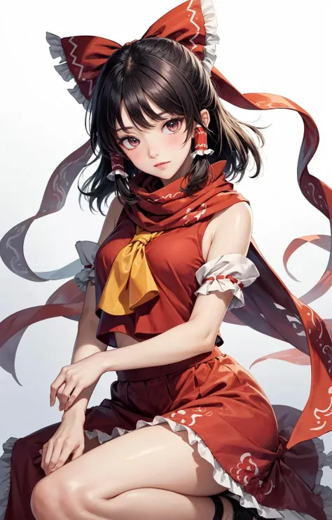 1girl, black_hair, blush, bow, hair_bow, hakurei_reimu, red_bow, scarf, solo, tao_(kadoya), touhou