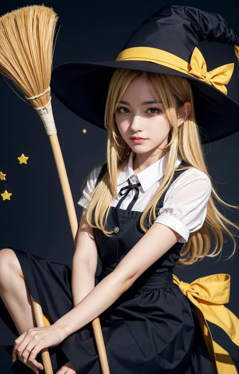 1girl, ayase_hazuki, bad_id, blonde_hair, broom, broom_riding, hat, kirisame_marisa, motion_blur, solo, star_(symbol), touhou, v_arms, witch_hat, yellow_eyes
