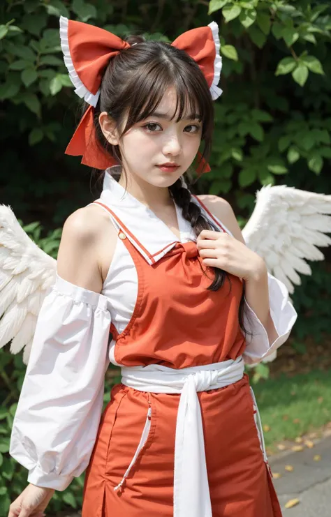 1girl, ahoge, antenna_hair, ascot, asymmetrical_wings, bow, brown_hair, commentary_request, cosplay, detached_sleeves, detached_wings, hair_bow, hakurei_reimu, hakurei_reimu_(cosplay), houjuu_nue, orange_eyes, ponytail, red_bow, senbei, solo, touhou, wings, yuuhagi_(amaretto-no-natsu)