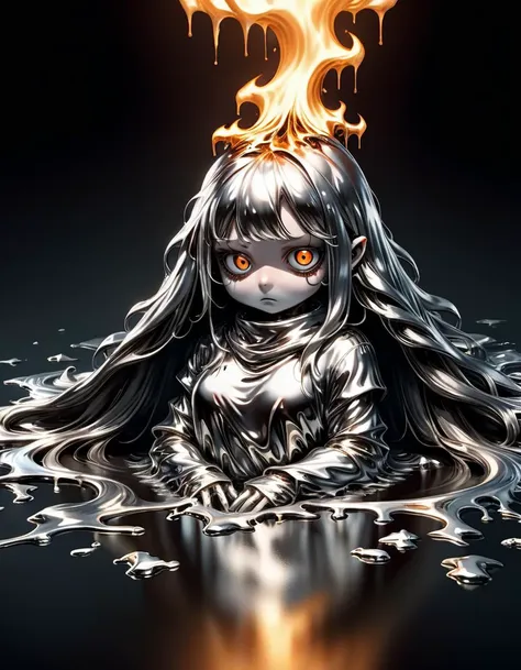 Horror-themed cute comic, ral-chrome , female standing in molten metal, melting body, long flowing hair <lora:ral-chrome-sdxl:0.8> <lora:sdxl_cute_social_comic-000002:0.8> . Eerie, unsettling, dark, spooky, suspenseful, grim, highly detailed