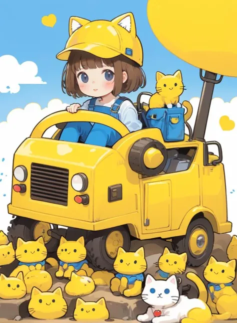 cute comic, 1girl, motor vehicle, cat, hat, yellow background, ground vehicle, overalls, solo, sitting, shoes, blue headwear, short hair, animal hat, yellow footwear, socks, brown hair, heart, blue footwear, black eyes, blush stickers, bangs, no nose, blush
 <lora:sdxl_cute_social_comic-000002:0.65>