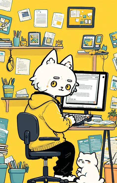 cute comic, a cat sitting at his desk working hard on his computer generating more images of anime girls with big boobs, yellow background, simple background <lora:sdxl_cute_social_comic-000002:0.65>