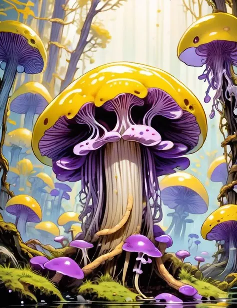 OrchidPurple Monumental Spherical Furrowed mushroom, Waffle,  Fungal Filaments Entwined with Roots, Lagoon, Subterranean, Biogenic light, Yellow Spore Print Gills with Long Gills, ,Partial Annulus,,Pitted Hymenium,  Irritant, , 8K,  <lora:sdxl_cute_social_comic:0.8> cute comic