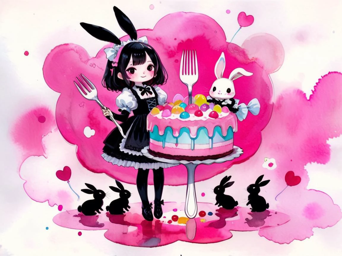 Fairy tale A girl in a gothiclolita dress holding a giant fork, in a world of (floating:1.1) cake and candy, cute bunnies and happiness, pink theme with bright colours, <lora:sdxl_cute_social_comic:0.5> cute comic, <lora:Aether_Watercolor_and_Ink_v1_SDXL_LoRA:0.8> watercolor, ink, sketch . Magical, fantastical, enchanting, storybook style, highly detailed